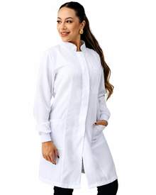 Jaleco Feminino Oxford Branco, Botão Embutido, Gola Padre, Elástico Punho, Acinturado, Manga Longa - Oxford - Branco - Visão 8