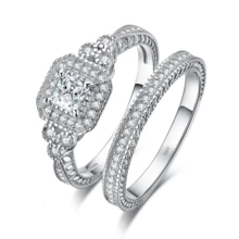 1 buah Cincin Pertunangan Set 2-in-1 Perak Sterling 925 Mewah Elegan dengan Batu Utama Persegi dan Pola Bunga - Perak - View 9
