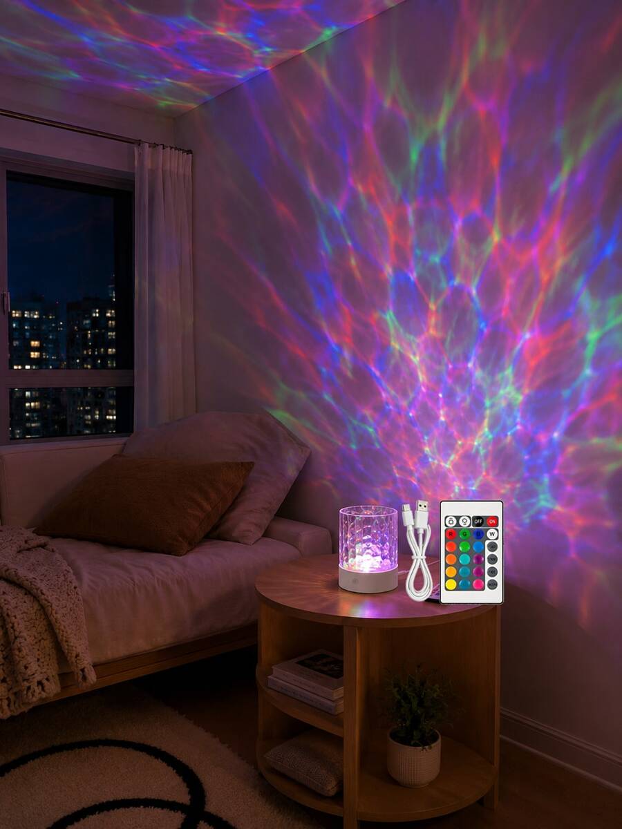 1pc [Desktop Decorative Lamp] White Base Water Ripple Night Light, Colorful Flowing Light For Wall And Ceiling | Suitable For Desk, Bedside, Room Atmosphere, Holiday Decoration