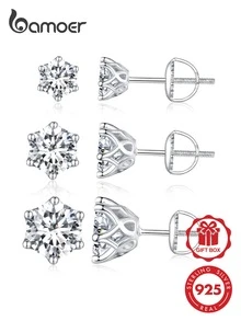 BAMOER Moissanite Wedding Earrings, Platinum Plated Brilliant Cut Round Lab Grown Diamond 925 Silver Earrings, For Women - Silver - View 2