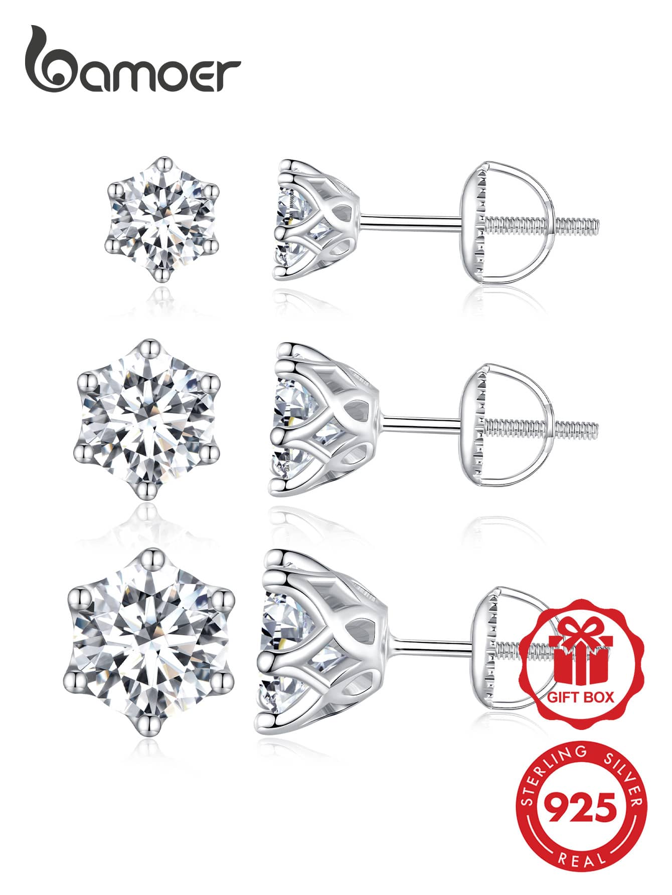 BAMOER Moissanite Wedding Earrings, Platinum Plated Brilliant Cut Round Lab Grown Diamond 925 Silver Earrings, For Women