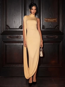 Women's Fashion Design Mock Neck Fitted Solid Color Sleeveless Dress - Yellow - View 3