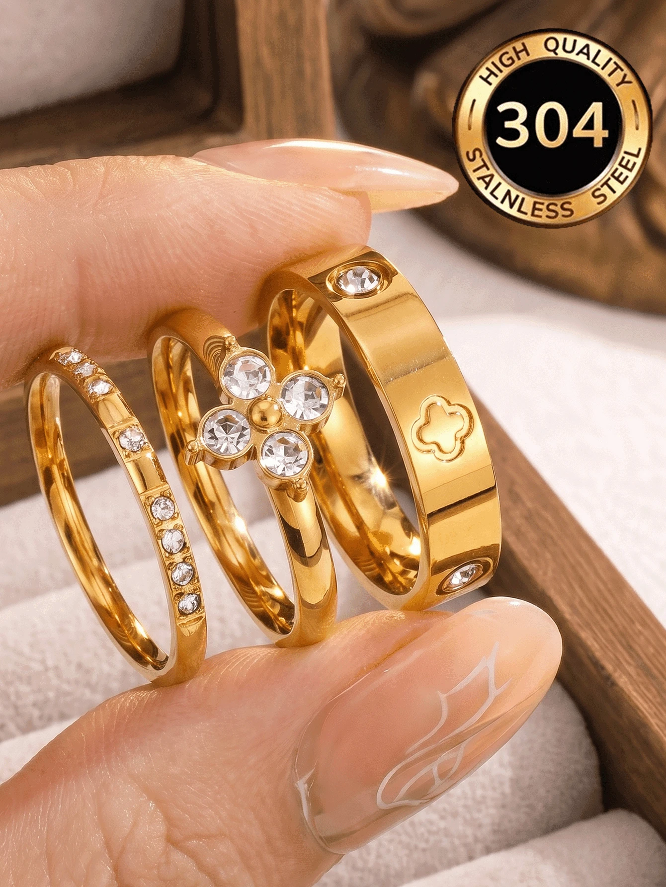 3pcs 18K Gold Plated Exquisite Luxury Sparkling Ring Set, Stainless Steel Jewelry Set, Multiple Sizes Available, Solve Your Size Anxiety, Waterproof, Wear-Resistant, Hypoallergenic, Suitable For Women's Daily Wear, Party, Gift, Vacation, Fashion Jewelry