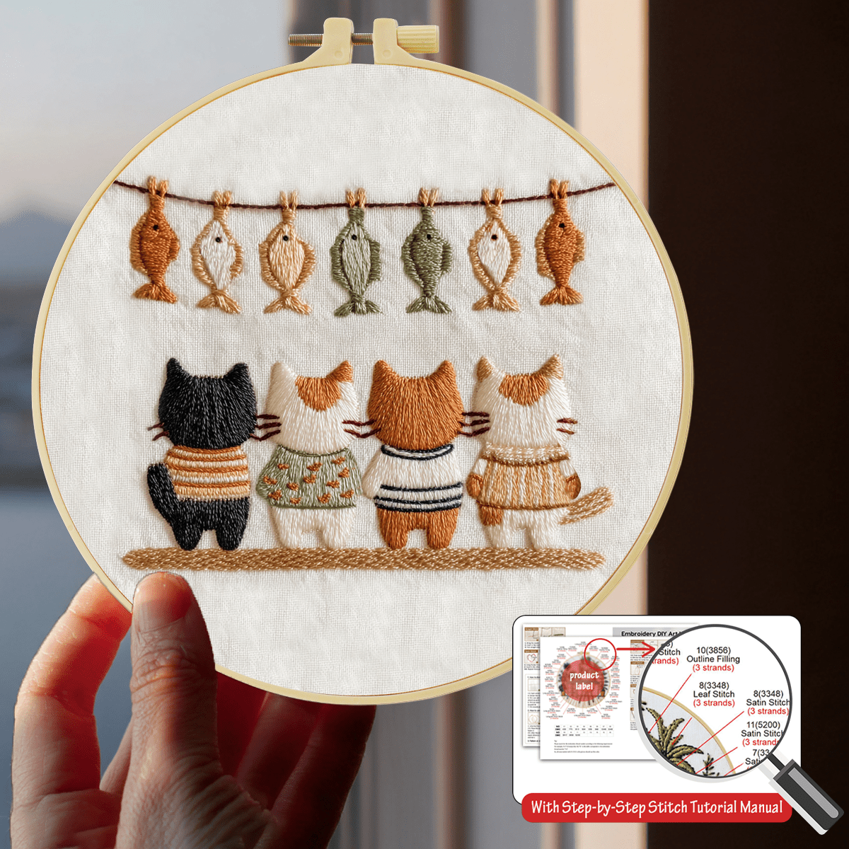 1 Handmade DIY Embroidery Set, 20x20cm/7.9x7.9 Inches, Book Cat, Including Embroidery Cloth, User Manual, Embroidery Frame And Needle And Thread, Suitable For Holiday Gifts To Friends Or Family, Furniture, Office Handmade Artworks - A - View 2