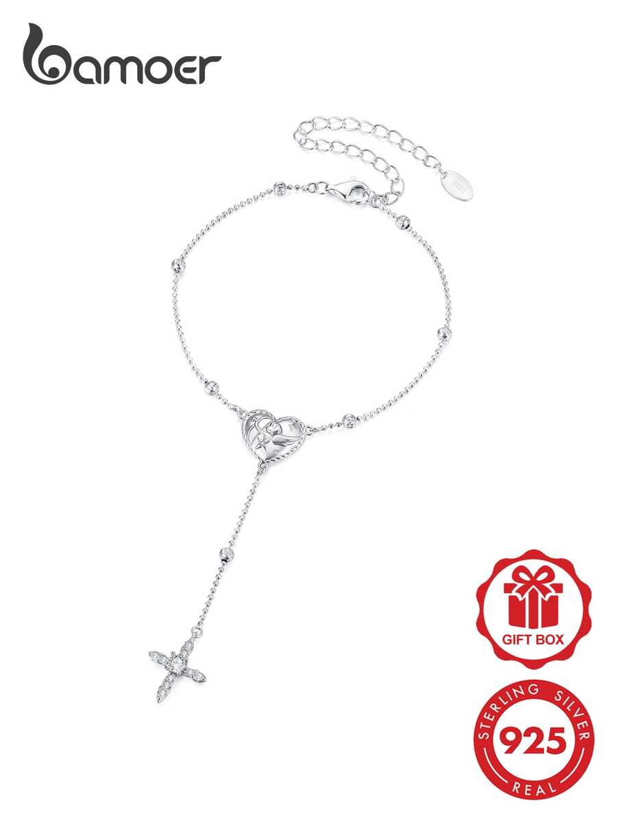 BAMOER Angel Cross Bracelet 925 Sterling Silver Adjustable Chain Women's Religious Faith Jewelry Guardian Spirit - Silver - View 1