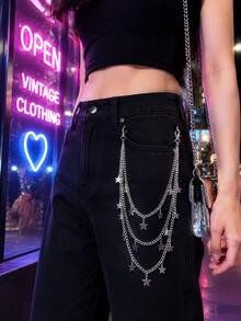 銀色三層星星吊墜牛仔褲腰鍊，垂墜星星飾品腰鏈，Y2K可愛風格，女款街頭風配件，適合搭配短褲與裙子 - 銀色 - 查看 6