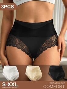 3pcs Women's High Waist Lace Tummy Control Panties, Breathable Elastic Full Coverage Triangle Briefs, Suitable For Work, Travel, Daily Wear, S–XXL - Multicolor - View 1