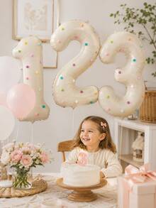 1 Set 32 Inch Cream Color Number Balloon Set With Colorful Plush Balls, Suitable For Birthday Party Decoration, Baby Shower And Various Gathering Scenes (Plush Ball Color Random) - One Size Fits All - View 10