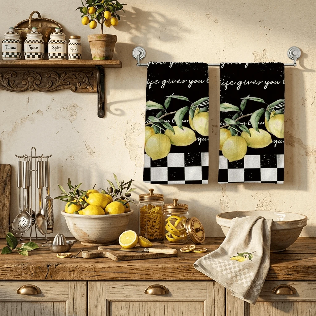 2/4/48pcs Black Background Lemon Checkerboard Pattern Printed Kitchen Towels - Super Soft, Highly Absorbent Polyester Tablecloths And Hand Towels, Perfect For Holiday Decor, Kitchen Decor, Party Decor.