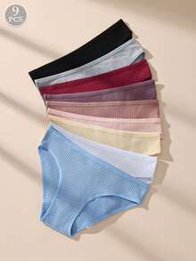 9pcs Multicolor Low Waist Ribbed Cotton Women's Triangle Panties, Casual Minimalist Bodycon Comfortable Women's Underwear - Multicolor - View 4