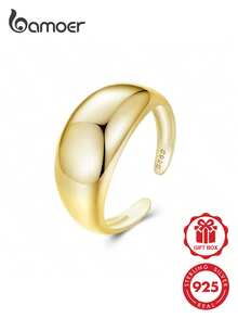 bamoer 1pc 925 Sterling Silver Thick Adjustable Ring, Minimalist & Fashionable For Women - Gold - View 1