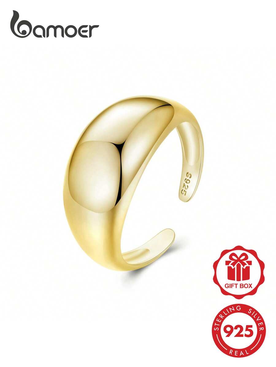 bamoer 1pc 925 Sterling Silver Thick Adjustable Ring, Minimalist & Fashionable For Women - Gold - View 1