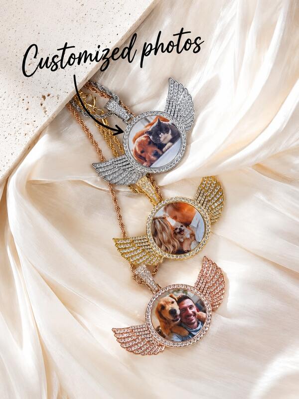 Personalized Crystal Angel Wings Photo Necklace, Hip Hop Photo Pendant, Rhinestone Round Pendant, Gold, Silver, Retro, Unisex, Minimalist, Boyfriend,