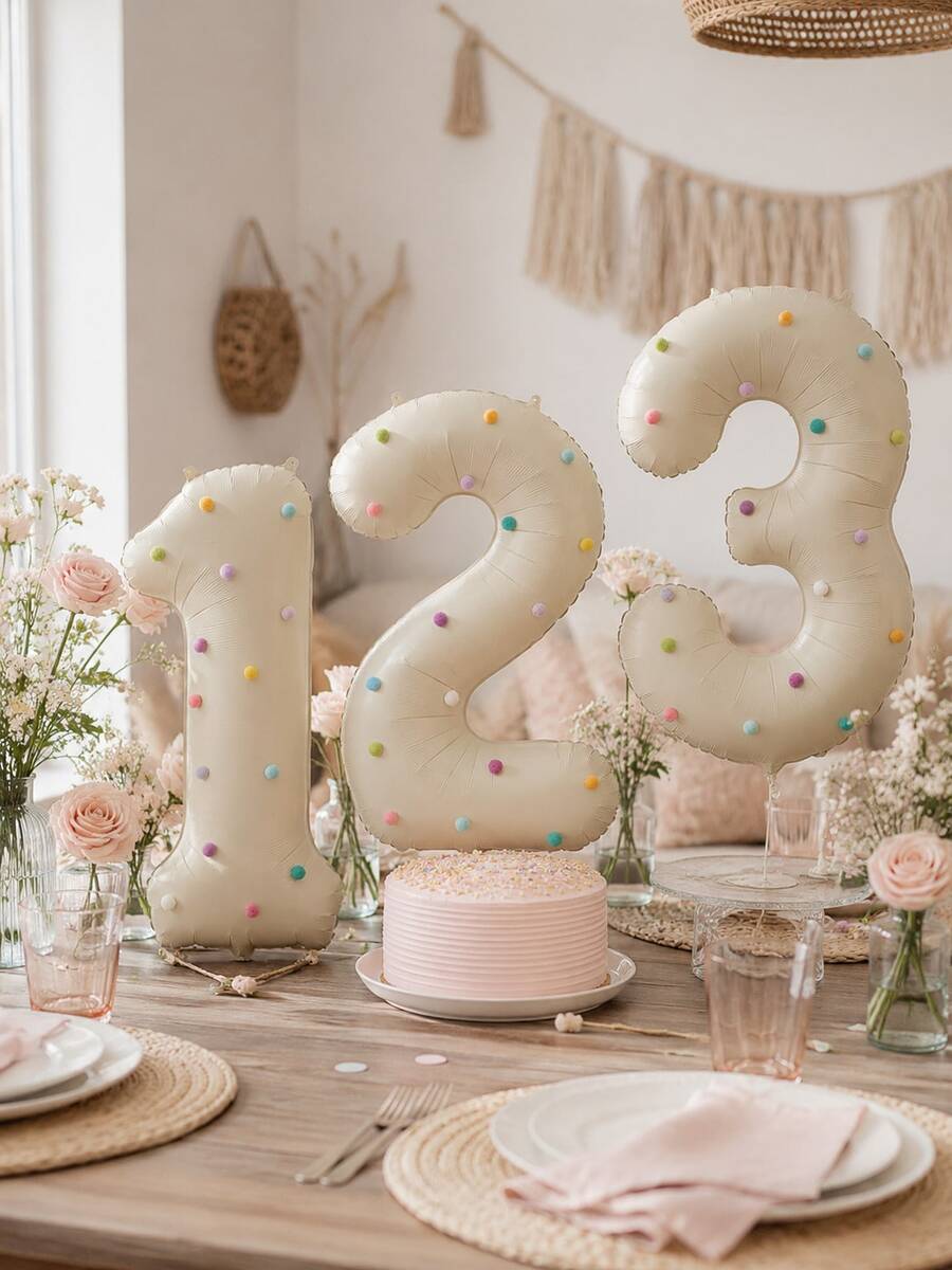 1 Set 32 Inch Cream Color Number Balloon Set With Colorful Plush Balls, Suitable For Birthday Party Decoration, Baby Shower And Various Gathering Scenes (Plush Ball Color Random) - One Size Fits All - View 1