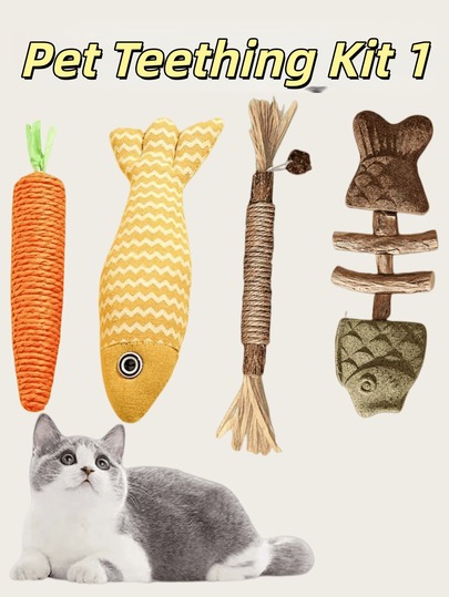 Juego de 9 piezas/4 piezas/1 pieza de juguetes para dentición de gatos, palos de masticar de madera natural y vid plateada, juguetes de mordida con forma de pez de lino y zanahoria de sisal, alivio del estrés para gatitos, dentición interactiva, entretenimiento autónomo para gatos de interior, juego de masticar para limpieza dental de mascotas