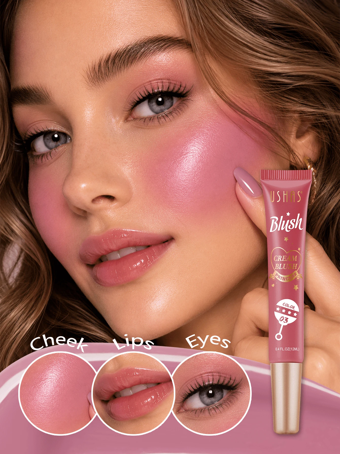USHAS Multi-Use Liquid Blush, 3-In-1 Blush Eye Lip Stain, Blendable, Long-Lasting Waterproof, Lightweight Non-Fading Daily Facial Makeup