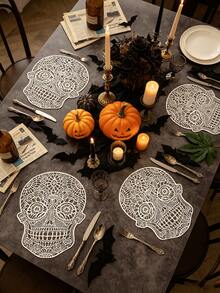 1-4 Stücke orangefarbene Totenkopf-Tischsets, dunkler gotischer Stil, weiches PVC, Cut Out geschnitztes Totenkopf-Design, waschbar, rutschfest, geeignet für Halloween / Tag der Toten Tischdekoration - Verschiedenfarbig - Übersicht 14