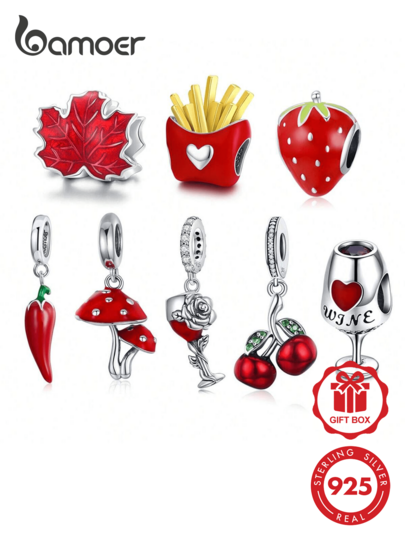 bamoer 1pc 925 Sterling Silver Red Chili Maple Leaf, Cherry Bead, Lucky Wine Glass Pendant, Suitable For Women Bracelet DIY, Exquisite Jewelry Gift