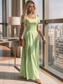 Long Dress With Short Sleeves, Square Neckline, Solid Color, Elegant, Sizes S M L - 檸檬綠 - 查看 2