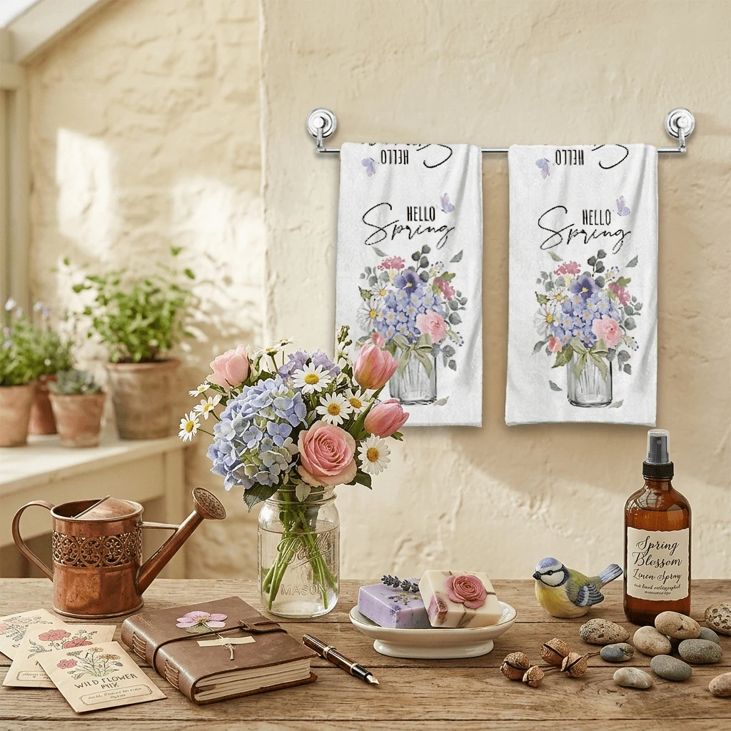 2/4/48pcs Spring Vase Watercolor Floral Print Kitchen Towels - Ultra Soft, Absorbent Polyester Dishcloths And Hand Towels, Perfect For Holiday Decor, Kitchen Decor, Party Decor