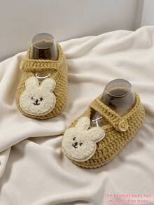 1 Pair Infant Slippers, With Rabbit Applique, Beige And White, Infant Shoes - Khaki - View 8