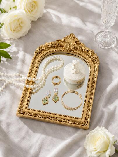 Gold Baroque Mirror Jewelry Tray, Vintage Vanity Decorative Tray For Rings, Earrings, Pearl Necklace, Bracelet, Perfume Bottle, Makeup Table Organizer, Elegant Bedroom Dresser Decor, Luxury Gift For Women, Girls, Bridesmaid, Home Decor Holder