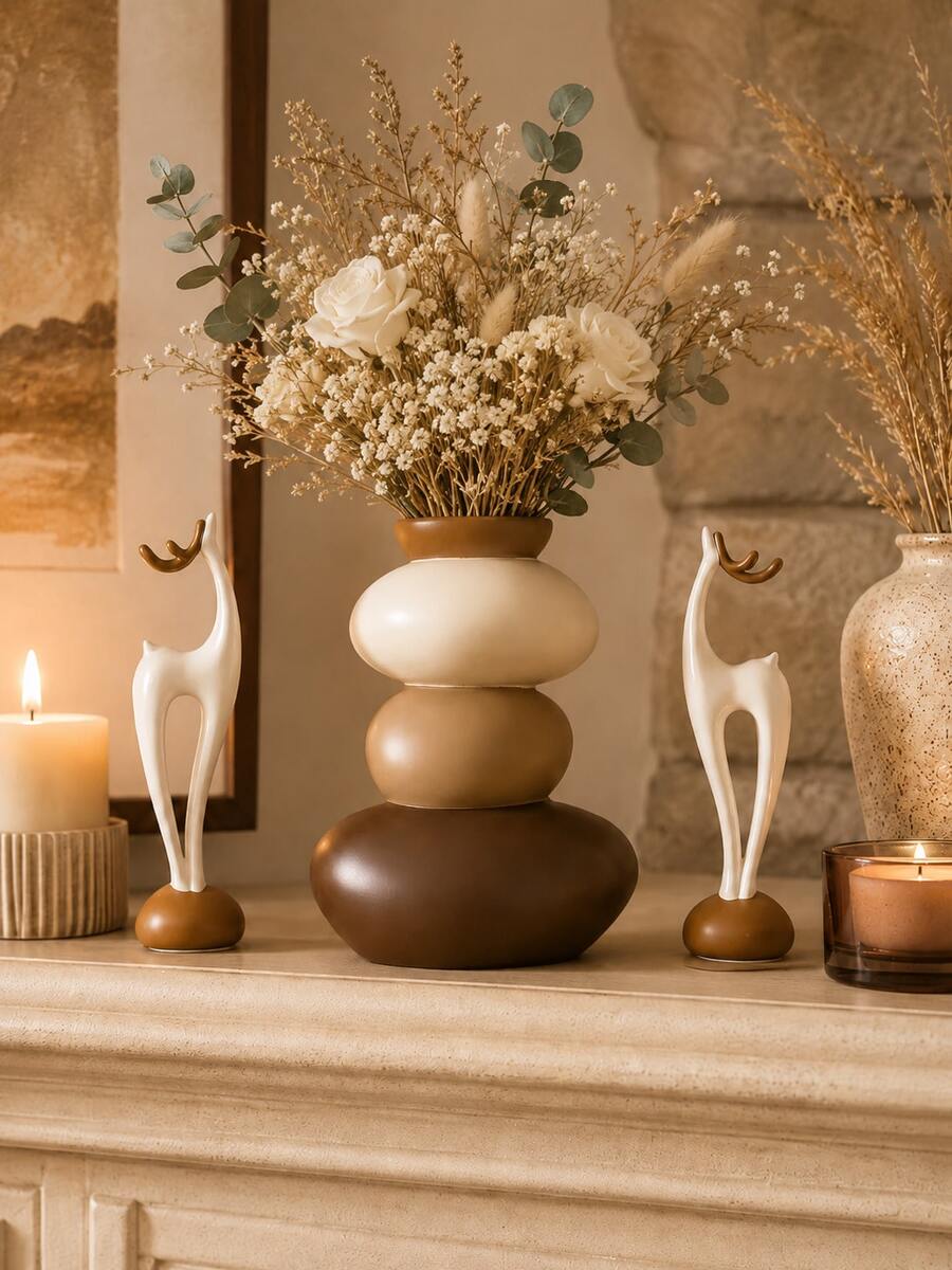 1pc Bohemian Style Layered Flower Vase, Brown Cream Round Vase, Suitable For Reed Grass And Dried Flowers, Modern Desktop Home Decor, Suitable For Living Room, Dining Table, Entryway Cabinet, Bookshelf, Nordic Style Room Decoration Gift - Multiple Models 2 - View 1