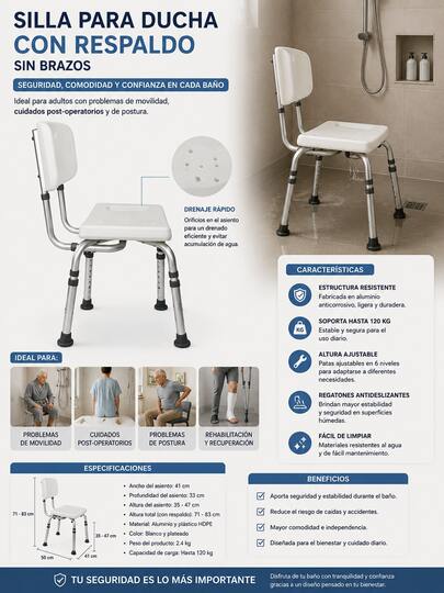 Silla para Ducha con Respaldosin brazos para Drenado Rápido con Regatones