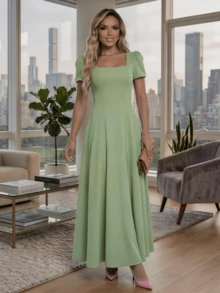 Long Dress With Short Sleeves, Square Neckline, Solid Color, Elegant, Sizes S M L - 檸檬綠 - 查看 6