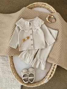 2Pcs/Set Baby Girl Clothes Hollow Lace Collar Long Sleeve Top And Pants Casual Children's Wear - Apricot - View 16