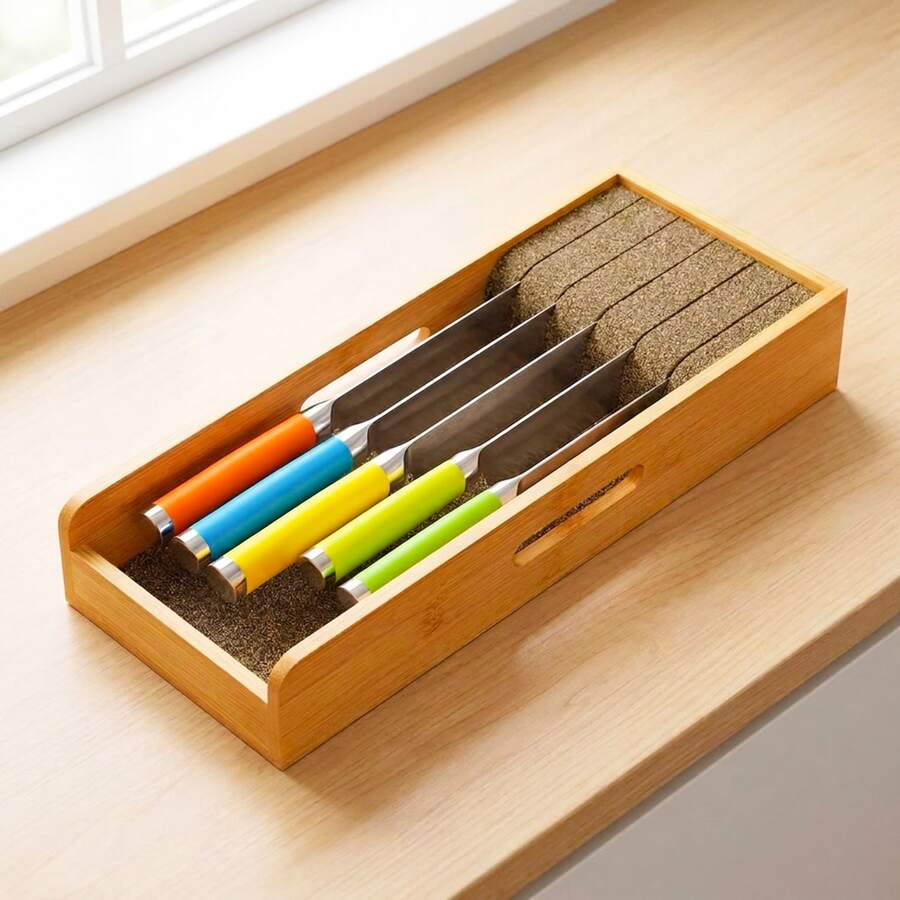 Bamboo Knife Drawer Organizer, Small Knives Holder Insert Block For Kitchen Drawer Storage, Flexible Cork & Rubber Dividers For Up To 12" Knives, Sturdy No Assembly Needed (Natural)
