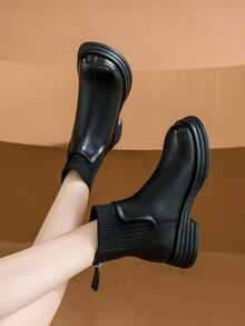 Women Princess Style Boots, British Slim Fit Stretch Knit Sock Ankle Chelsea Short Boots For All Seasons Daily Outfit - Black - View 6