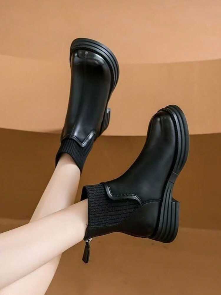Women Princess Style Boots, British Slim Fit Stretch Knit Sock Ankle Chelsea Short Boots For All Seasons Daily Outfit - Black - View 5