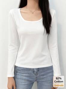Women's Long Sleeve T-Shirt, White Large U-Neck Top, Versatile Autumn/Winter Slimming Solid Color Inner Layer Base Shirt - White - View 2