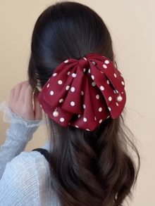 1件女款復古酒紅波點大蝴蝶結髮夾，緞面垂墜珍珠優雅頂夾，浪漫甜美風髮飾，適合婚禮、約會、晚宴及溫柔半紮髮型 - 彩色 - 查看 2