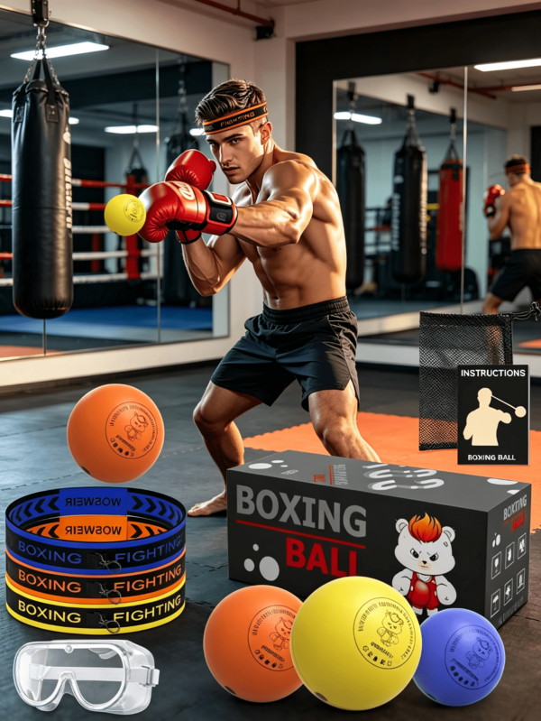 4 piezas/Set Bola de reacción de boxeo montada en la cabeza, bola de entrenamiento de velocidad de combate, bola blanda de PU de alta elasticidad, diadema elástica tejida ajustable juego completo, protección facial acolchada no irritante, rebote de alta velocidad, ajuste universal de circunferencia de cabeza para adultos hombres/mujeres, niños, principiantes de boxeo/combate; fitness en casa, alivio del estrés en la oficina, interacción entre padres e hijos, entrenamiento diario en gimnasio de boxeo, equipo deportivo portátil