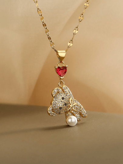 1pc/2pcs New Elegant Luxurious Women's Fashion Copper Inlaid Rhinestone Heart-Shaped Teddy Bear Necklace, Cute Girl Teddy Bear Pendant Jewelry, Birthday Gift For Girls, Valentine's Day Gift, Mother's Day Gift For Mom