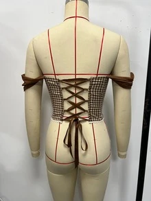 Vexica 女款時尚優雅修身束腰上衣，露肩設計搭配蕾絲拼接，適合約會與派對 - 棕色 - 查看 3