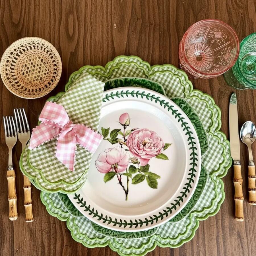 1/2/4pcs Mori Style Lotus Leaf Ruffle Green Plaid Placemats, Vintage Round Table Heat-Resistant Mats - Multicolor - View 1