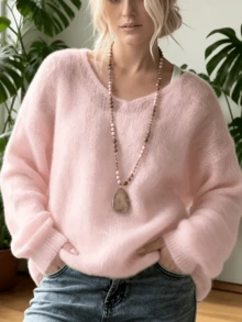 Women's Plus Size Semi-Sheer Loose Casual Sweater Pink - Pink - View 2