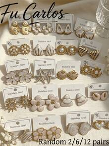 Juego de 24 piezas de pendientes de acero inoxidable blanco, pendientes asimétricos con diseños geométricos de flores y corazones para mujeres, joyería de moda para vacaciones de verano en la playa - Multicolor - Ver 5