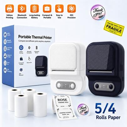 Imprimante thermique portable pour étiquettes, autocollants et codes-barres, fournie avec 5 ou 4 rouleaux de papier, idéale pour imprimer notes, agendas, documents professionnels, reçus et projets de loisirs créatifs. Connexion sans fil, chargement USB. Coffret cadeau.
