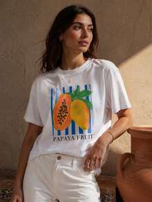 2026 Summer Women Round Neck Tee, Watercolor Papaya Mango Print, Soft Breathable Casual Top Daily Vacation, Free Shipping Ship In 24H. - 白色 - 查看 17