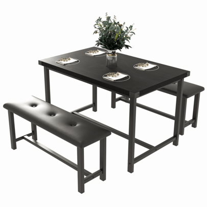 3-Piece Dining Table Set For 4 – 44" Rectangular Kitchen Table With 2 Upholstered Benches – Space-Saving Rustic Wood & Metal Design – Ideal For Apartments, Breakfast Nooks, Small Spaces