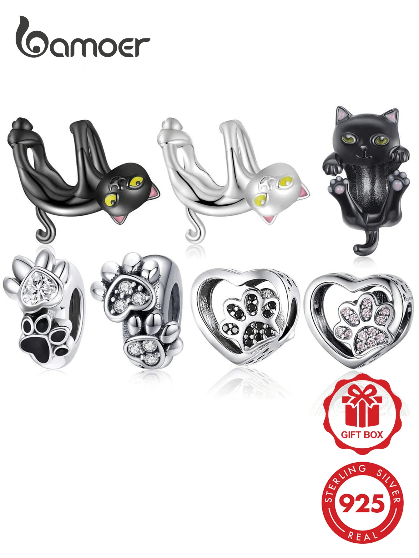 bamoer 1个925纯银可爱黑金猫咪串珠吊坠,适合女士/女孩手链、项链DIY饰品制作礼物 - 銀色 - 查看 1