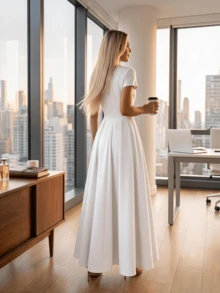 Long Dress With Short Sleeves, Square Neckline, Solid Color, Elegant, Sizes S M L - trắng - Xem 6