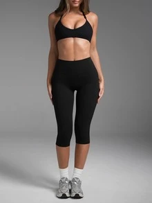 1pc Solid Color Tummy Control Butt Lifting Shaping Mid-Length Sports Shorts Black - Black - View 3