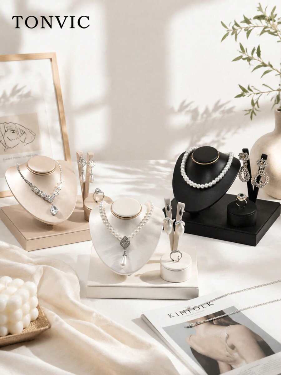 TONVIC 1PC Rak Display Perhiasan PU, Penyimpanan Terbagi untuk Perhiasan Kalung dan Anting, Untuk Penyimpanan Perhiasan, Kalung, Anting, Cincin, Organizer Perhiasan, Baki Penyimpanan, Rak Display Cincin dan Anting, Display Meja Perhiasan, Rak Display Toko - Tempat perhiasan yang disikat - View 1