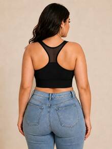 1pc Plus Size Front Closure Mesh Racerback Wireless Bra, Wide Y-Shaped Straps, Fixed Padding, Women's Support Tank Top Style Bra - Black - View 2