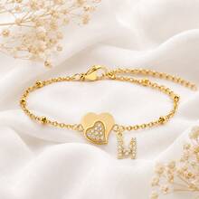 1pc New Fashion Initial Heart Pendant Golden Stainless Steel Bead Chain Bracelets For Women - Yellow Gold - View 3